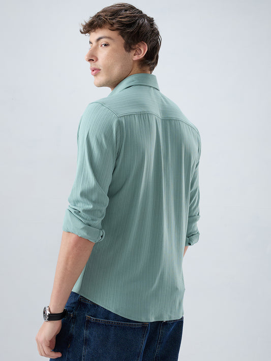 Sea Green Fine Vertical Ribbed Knitted Shirt