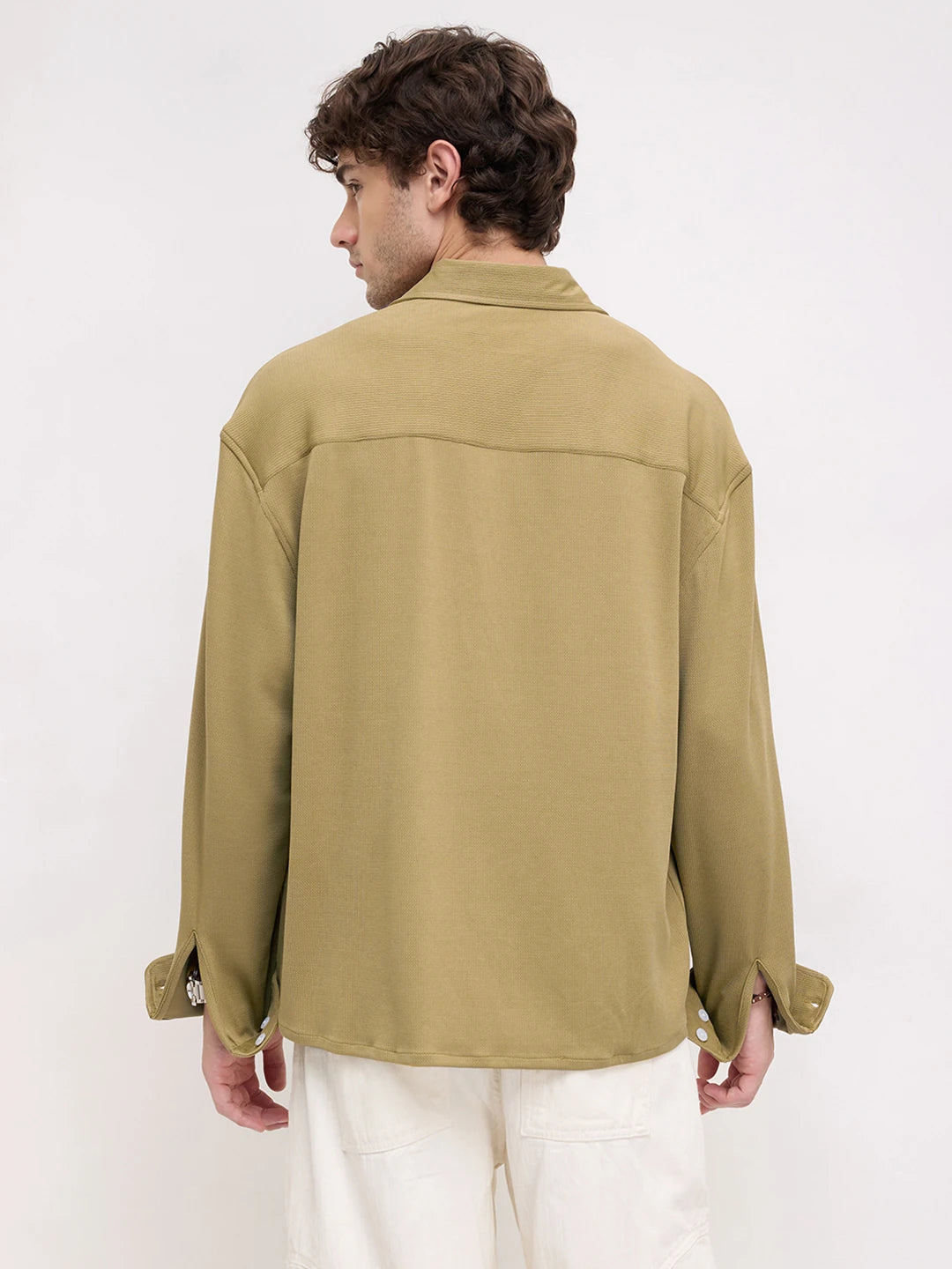 Luxe Khaki Fine Textured Knitted Boxy Fit Crop Shirt