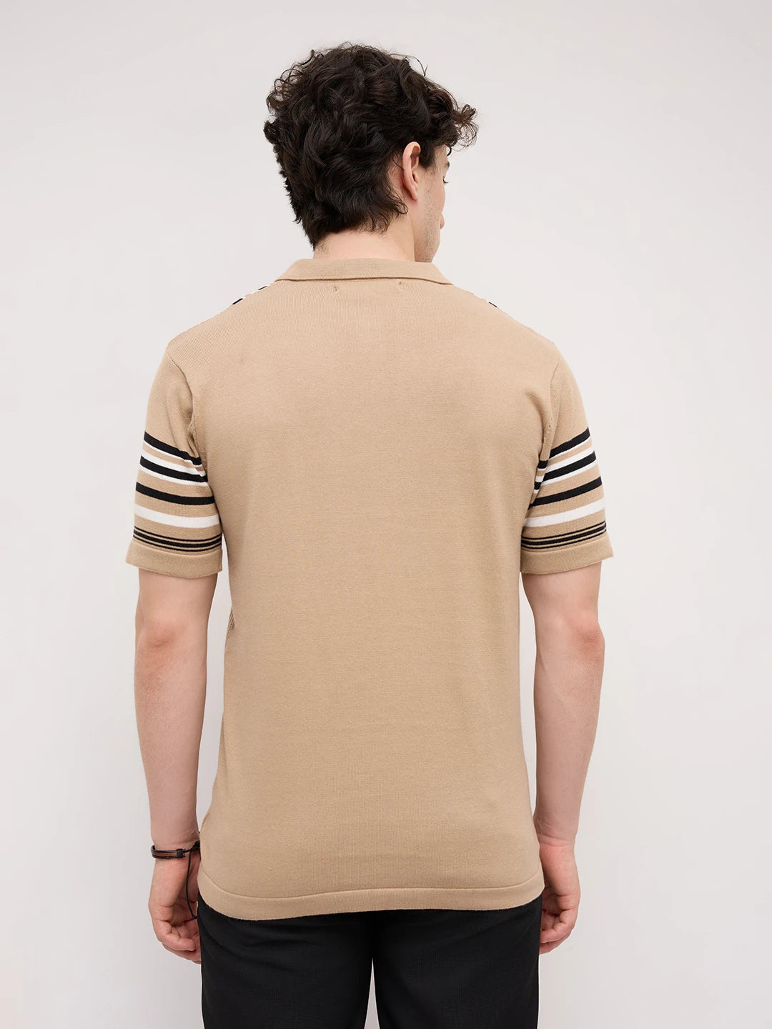 Beige Vertical Striped Flat Knit Zip Polo T-Shirt