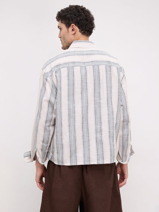 Sage Field Multitone Loomstriped Boxy Fit Crop Shirt