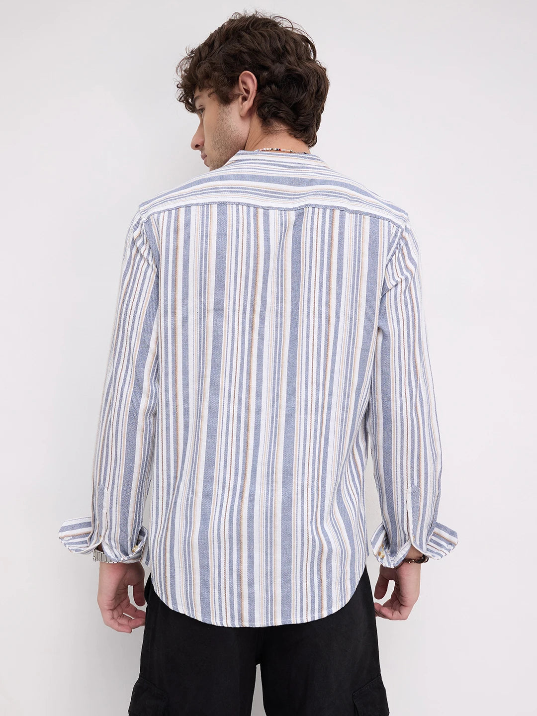 Blue & White Vertical Stripes Mandarin Shirt