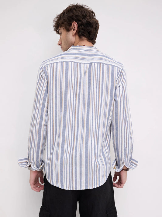 Blue & White Vertical Stripes Mandarin Shirt
