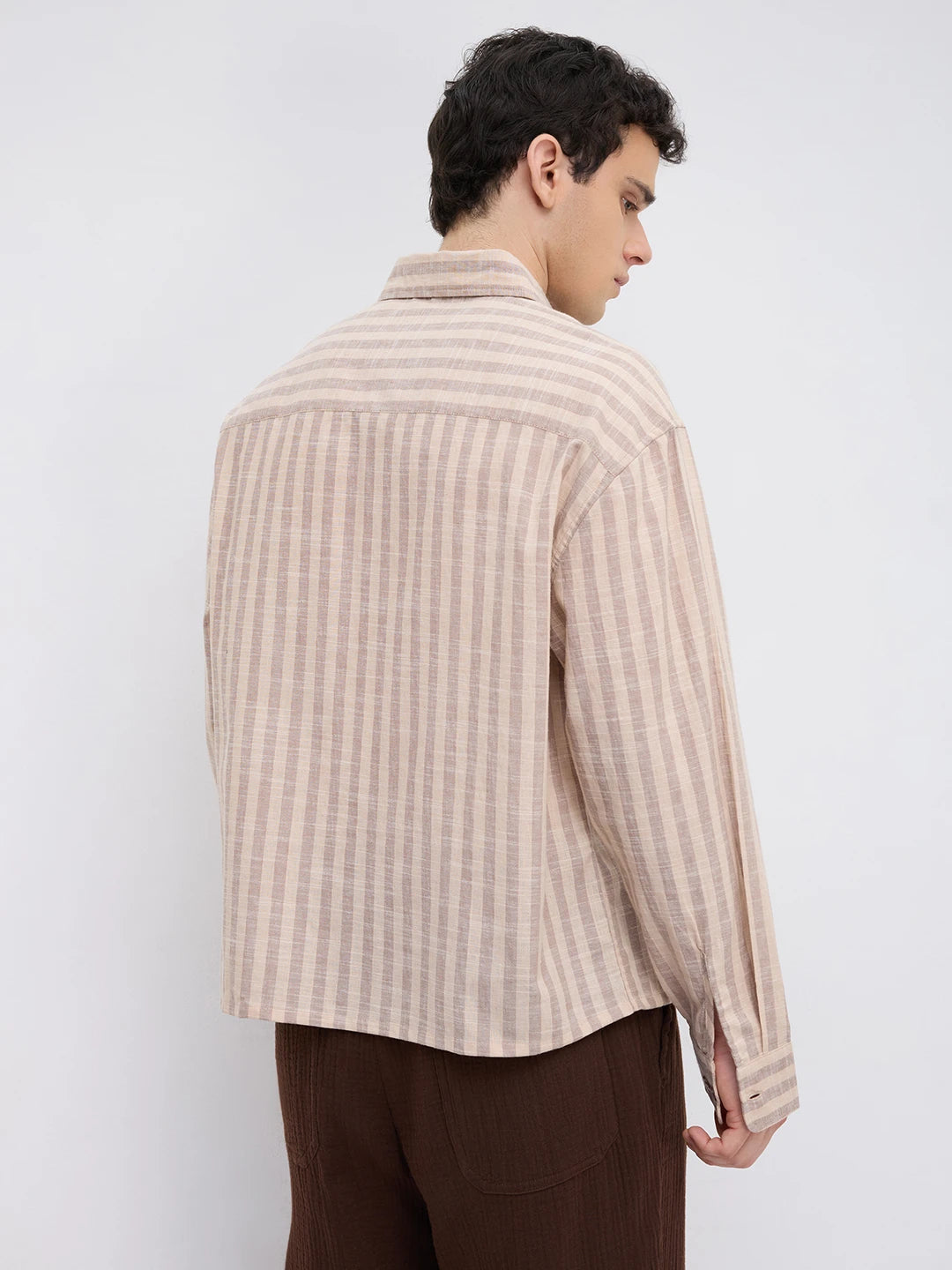 Earthy Brown & Beige Candy Striped Boxy Fit Crop Shirt