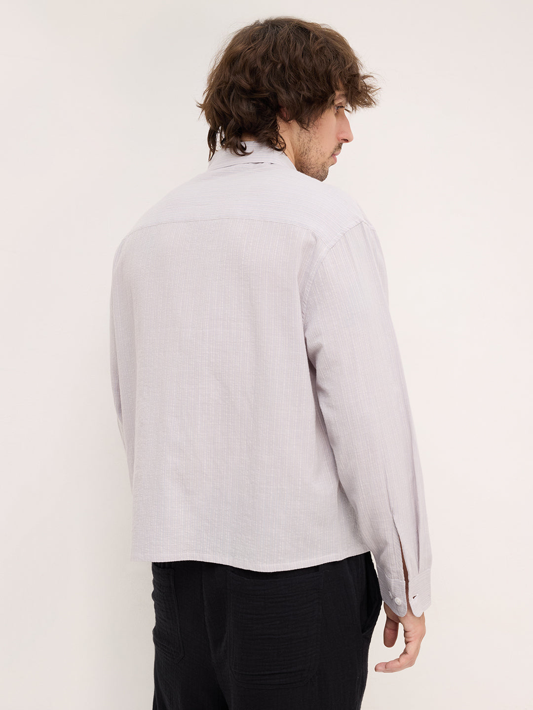 Ash Grey Fine Striped Textured Boxy Fit Crop Shirt