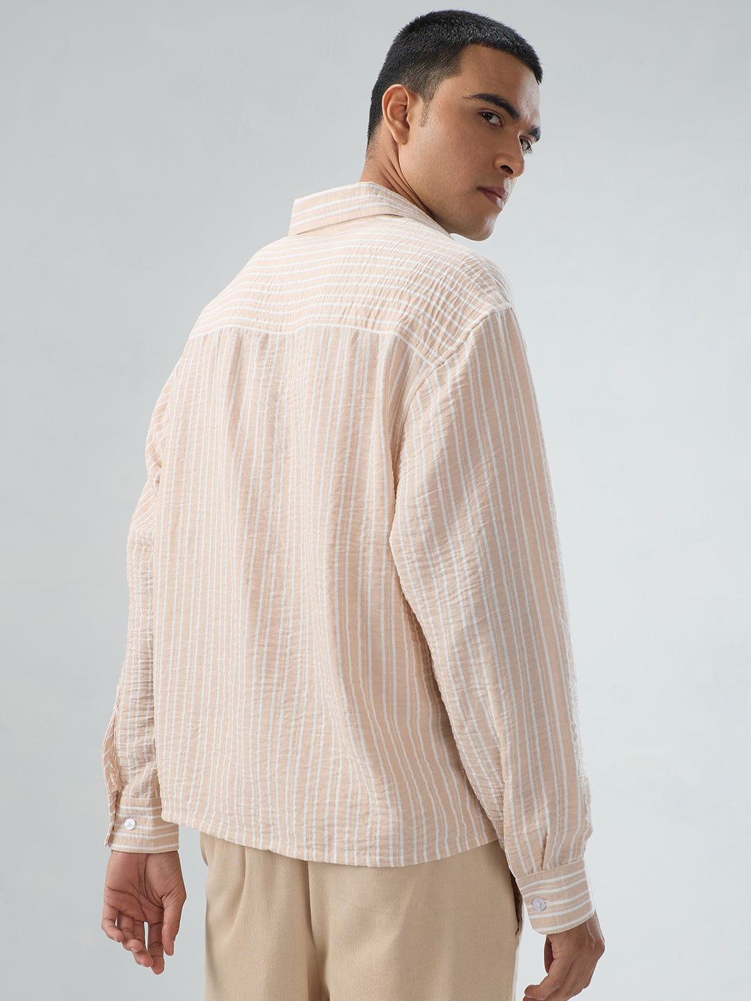 Crayola Peach Vertical Striped Crinkled Boxy Fit Crop Shirt