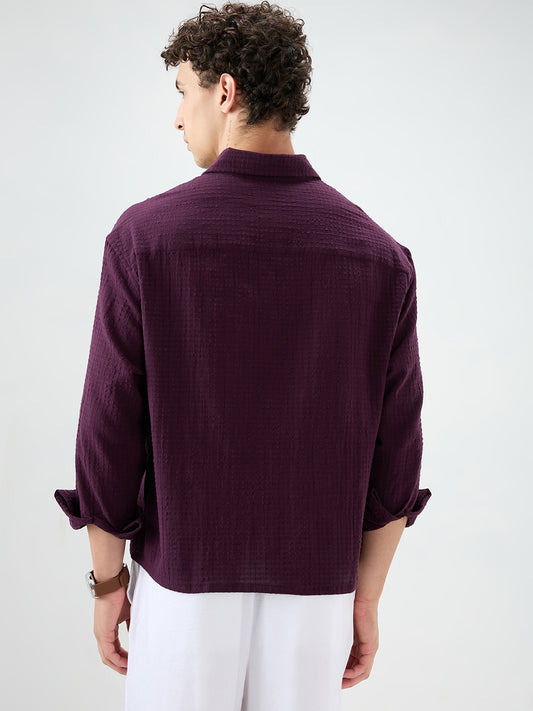 Wine Micro Box Textured Boxy Fit Crop Shirt