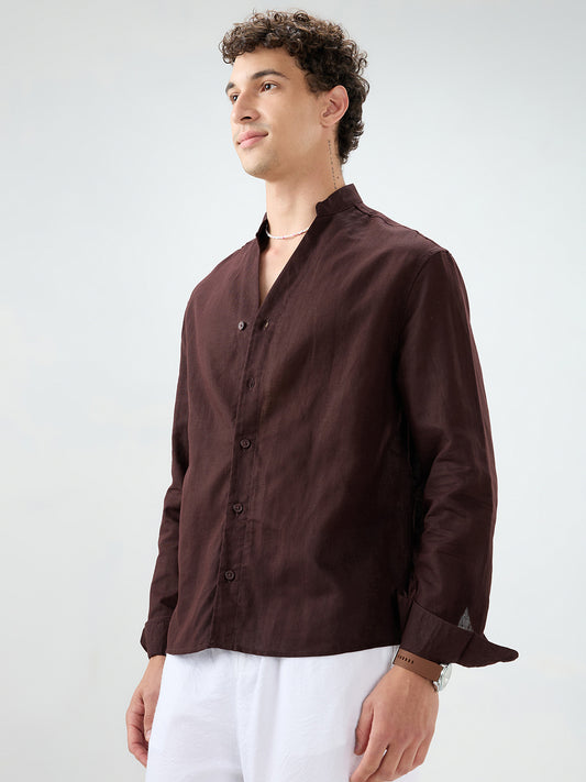 Espresso Brown Linen Blend Stand Collar Oversized Shirt