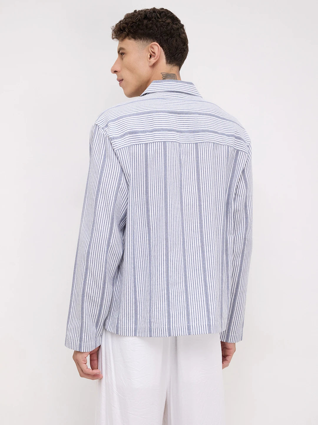 Luxe Blue Candy Striped Notch Collar Oversized Shirt
