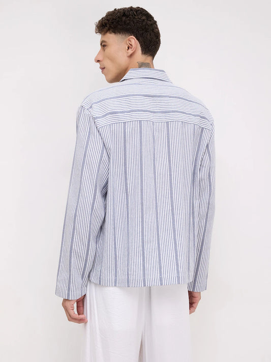 Luxe Blue Candy Striped Notch Collar Oversized Shirt