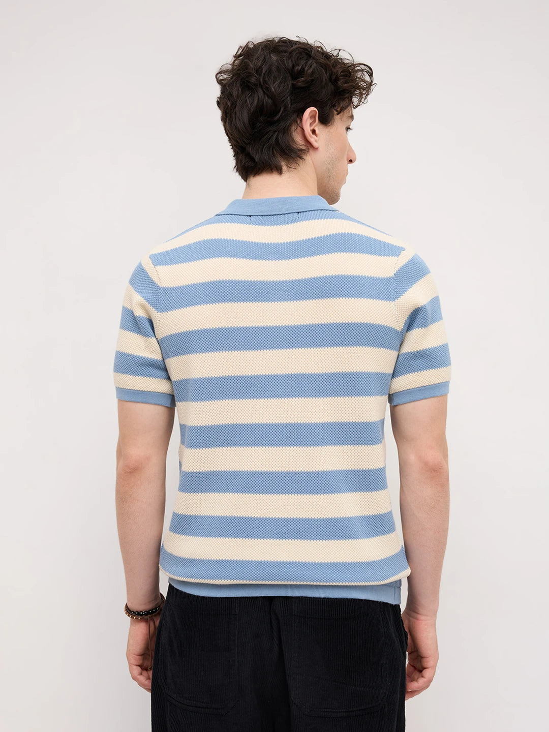 Blue & White Coastal Striped Flat Knit Polo T-Shirt