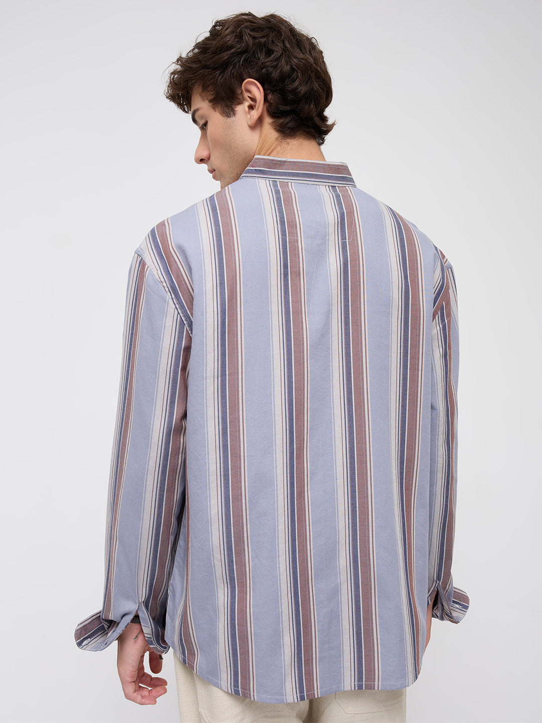 Blue & Brown Bold Stripes Stand Collar Oversized Shirt