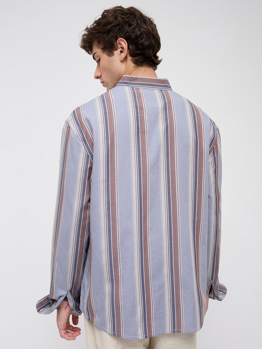 Blue & Brown Bold Stripes Stand Collar Oversized Shirt