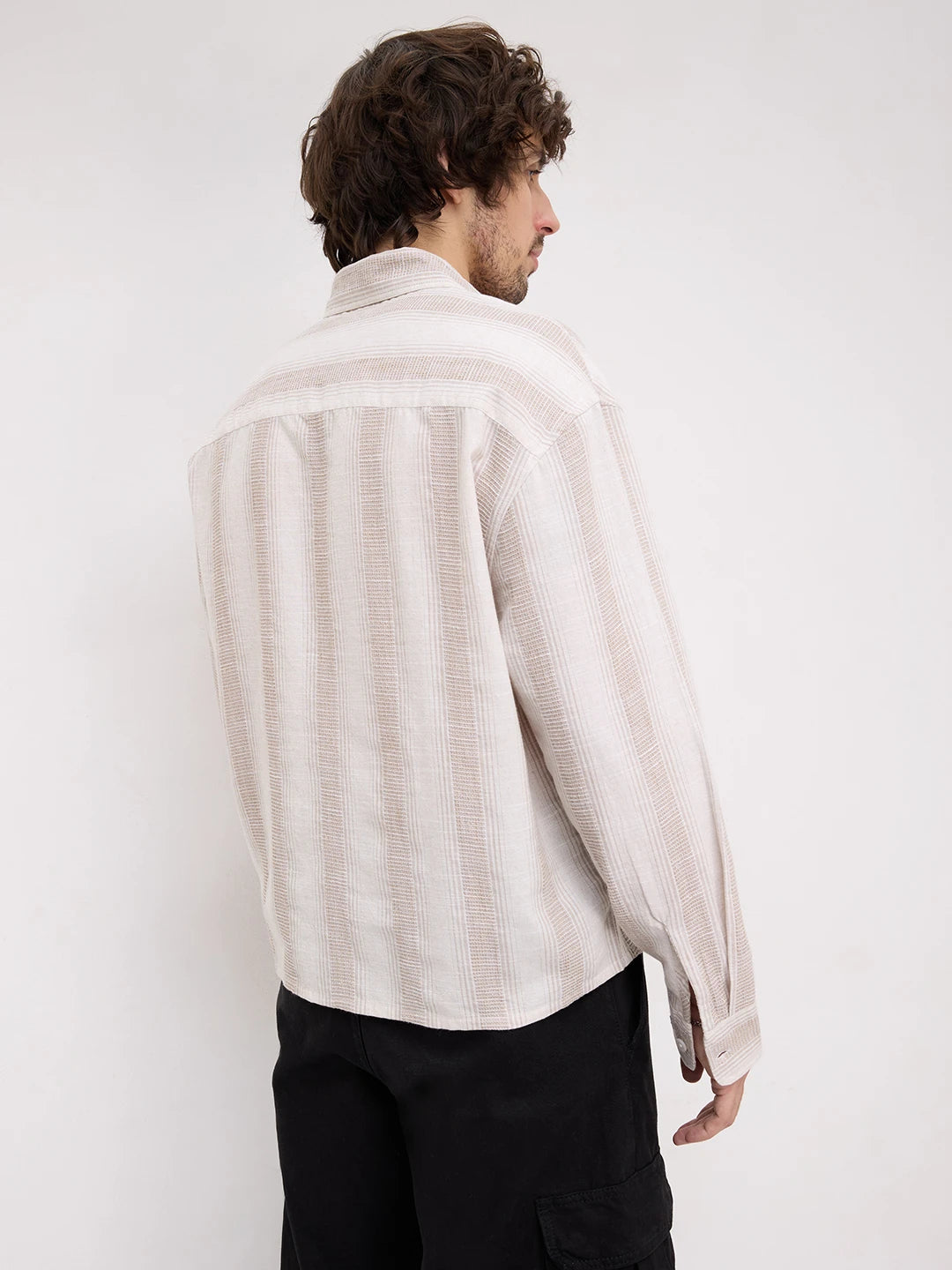 Premium Natural Beige Finegrain Striped Boxy Fit Crop Shirt