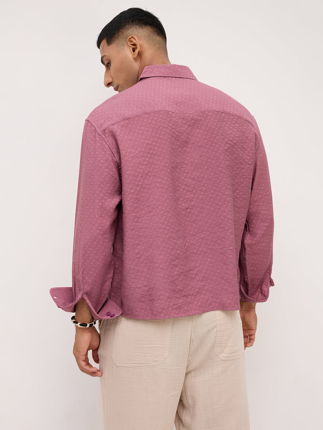 Rosewood Pink Dot Textured Boxy Fit Crop Shirt