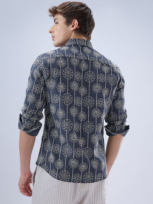 Anchor Grey Floral Embroidered Slub Shirt