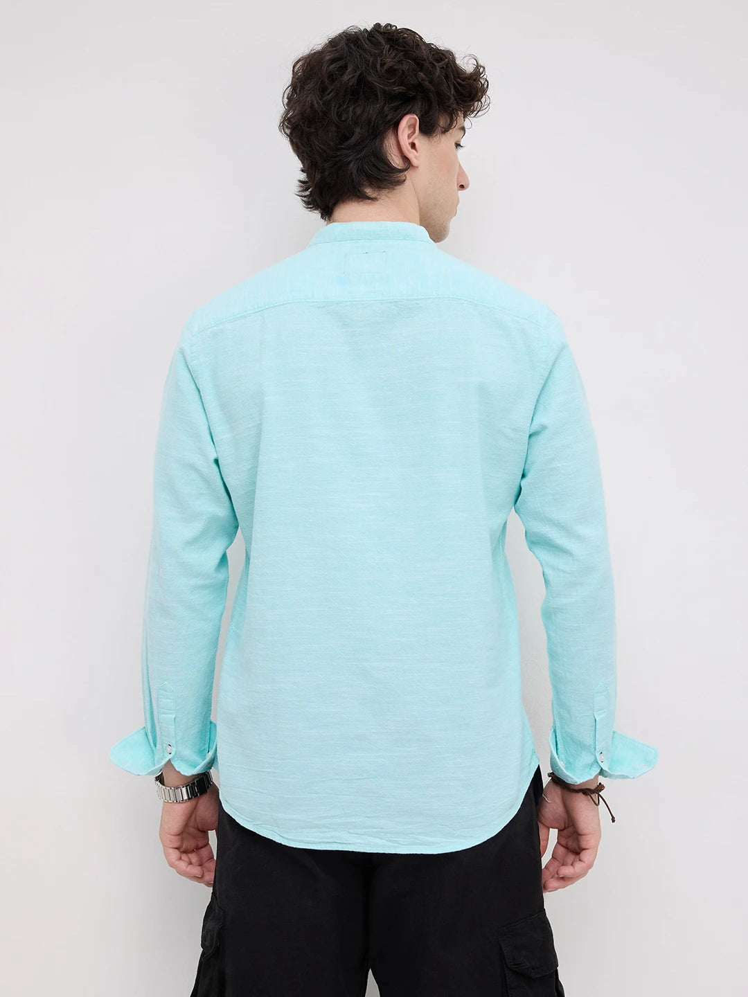 Spring Blue Textured Mandarin Collar Shirt