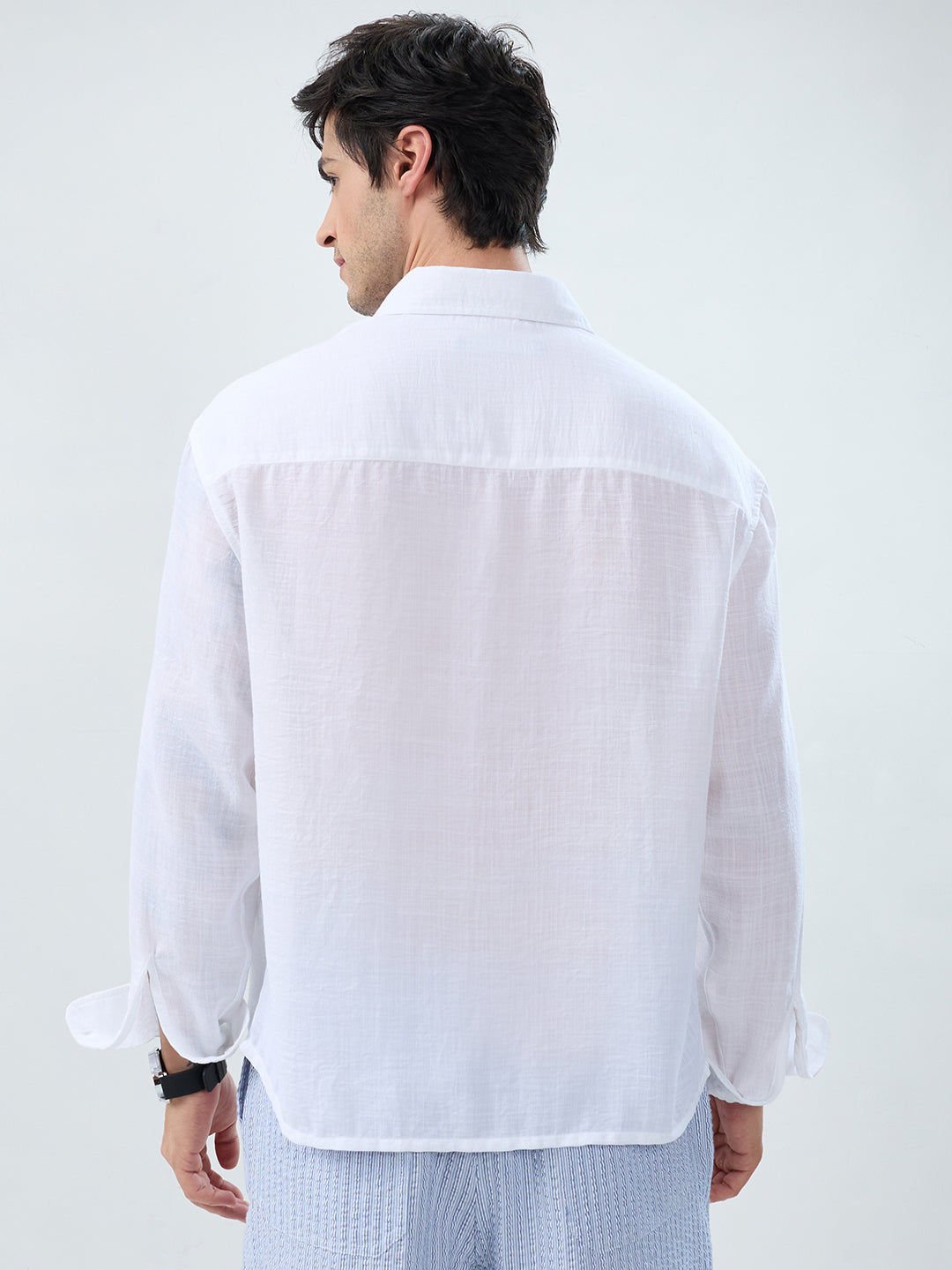 Elegant Pearl White Sheer-Weave Boxy Fit Crop Shirt