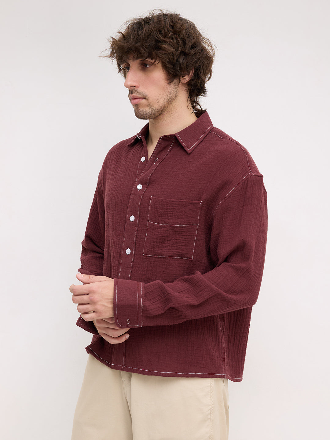 Solid Maroon Double Cloth Boxy Fit Crop Shirt