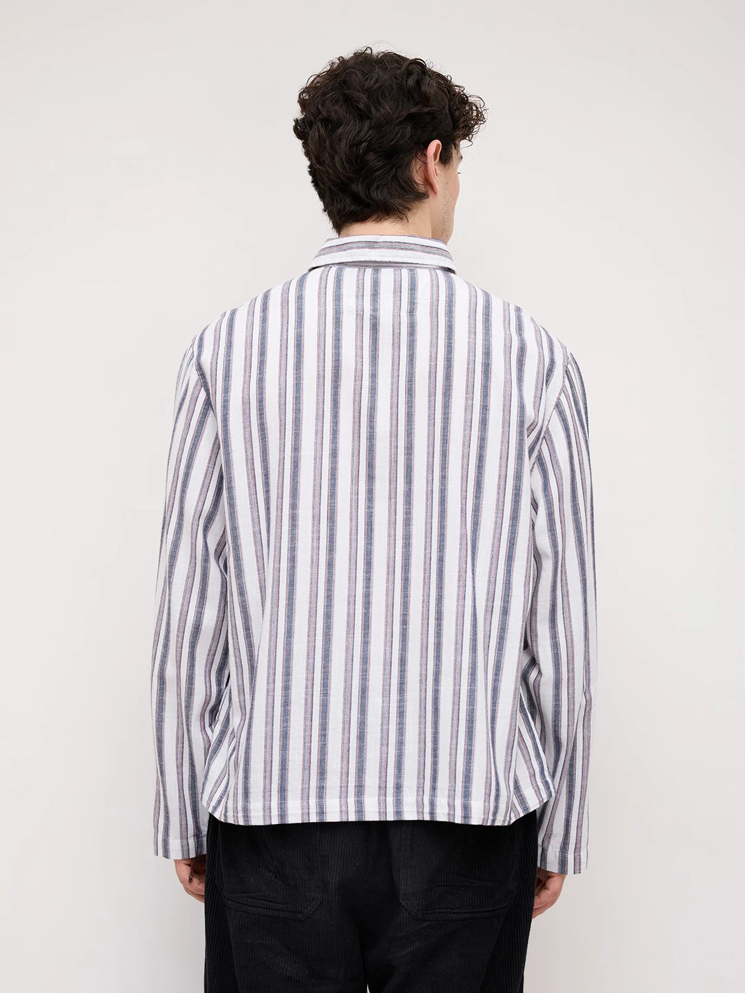 White & Navy Multistriped Cuffless Oversized Shirt