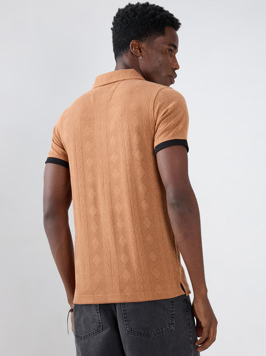 Warm Brown Diamond Weave Contrast Polo Knit T-shirt