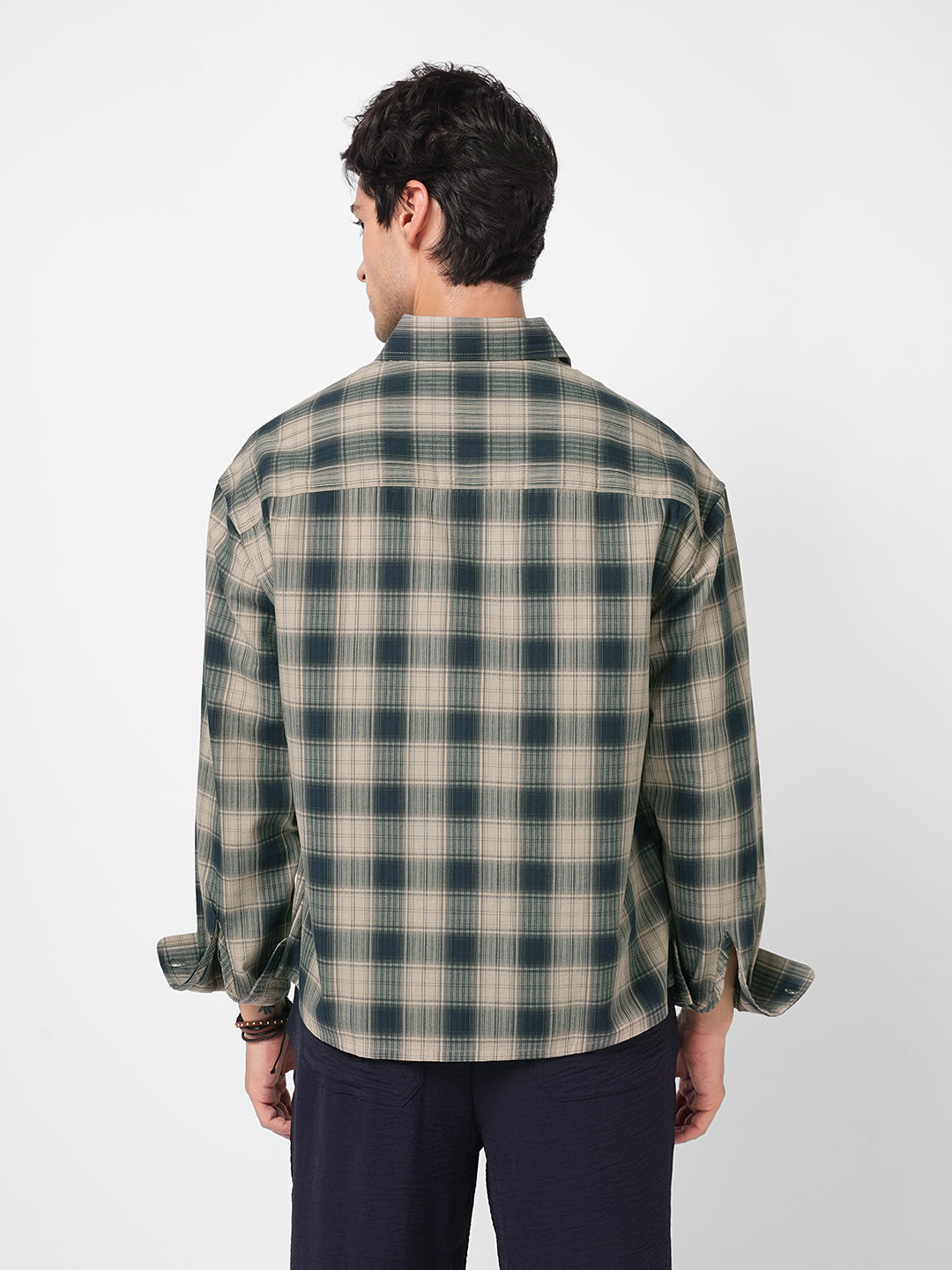Midnight Navy & Sand Mist Textured Checks Boxy Fit Crop Shirt