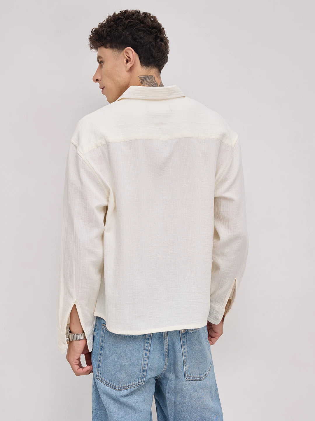 Pearl White Double Cloth Seersucker Striped Boxy Fit Crop Shirt