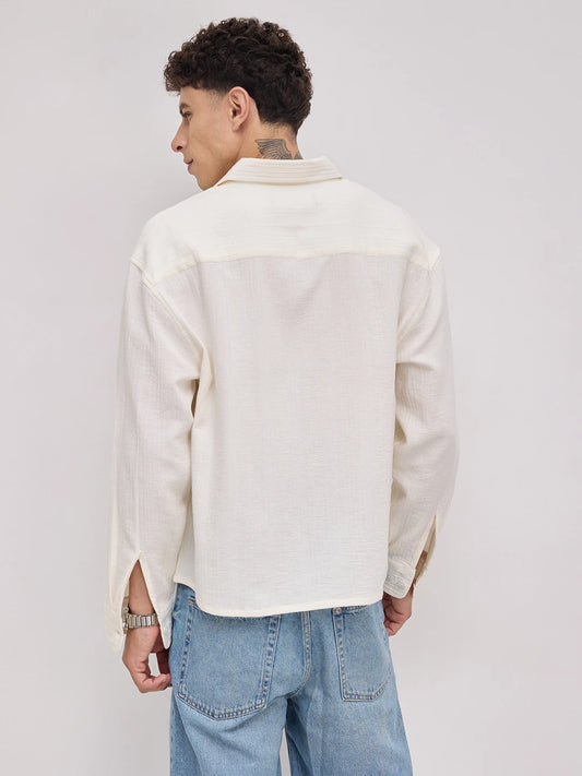 Pearl White Double Cloth Seersucker Striped Boxy Fit Crop Shirt