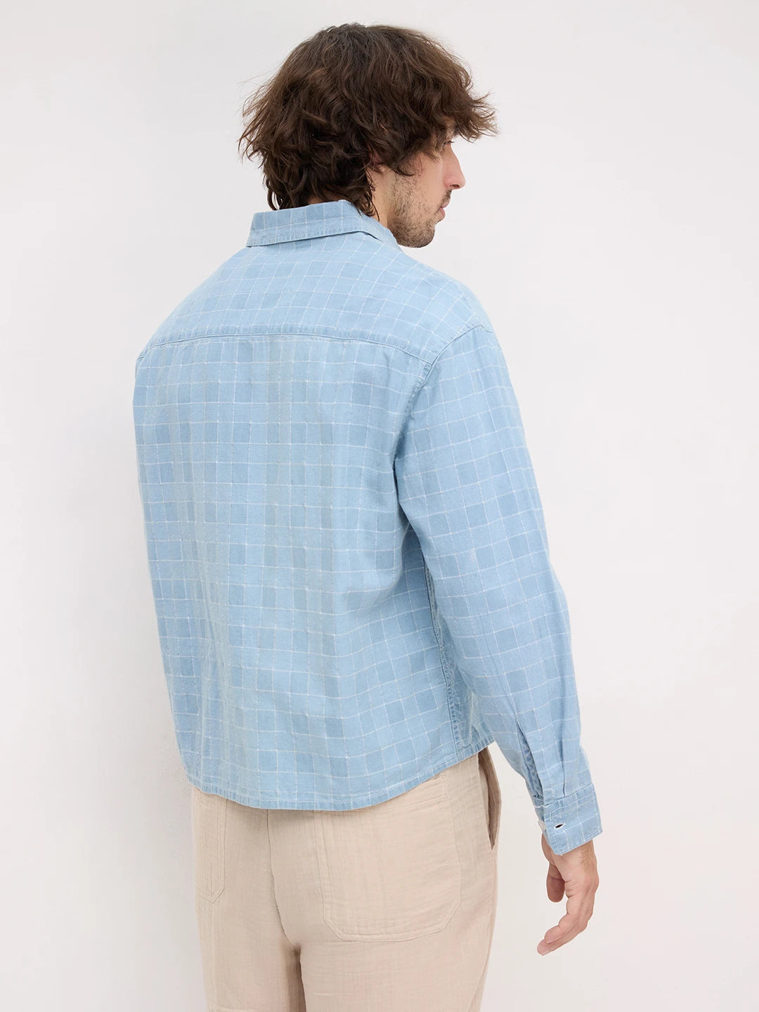 Denim Plaid Checks Boxy Fit Crop Shirt