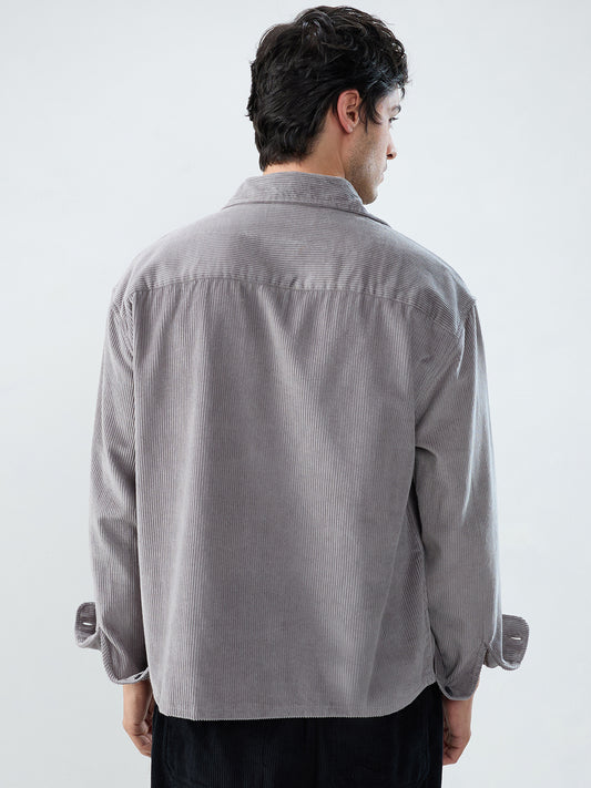 Cloud Grey Corduroy Boxy Fit Crop Shirt
