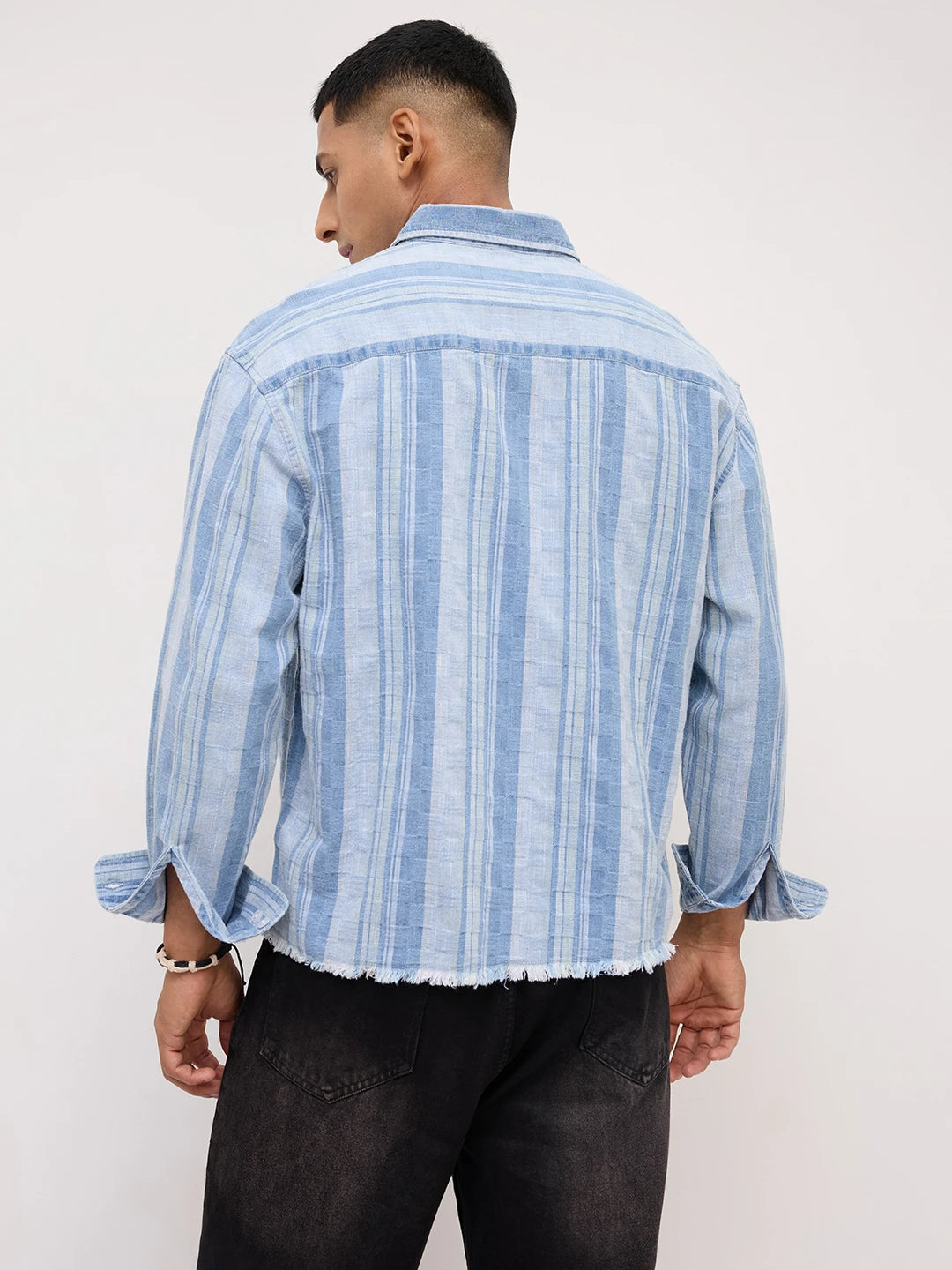 Distressed Hem Denim Blue Variegated Striped Boxy Fit Crop Shirt