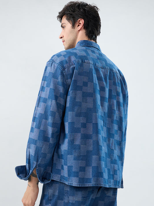 Elegant Denim Patch Block Checks Boxy Fit Crop Shirt