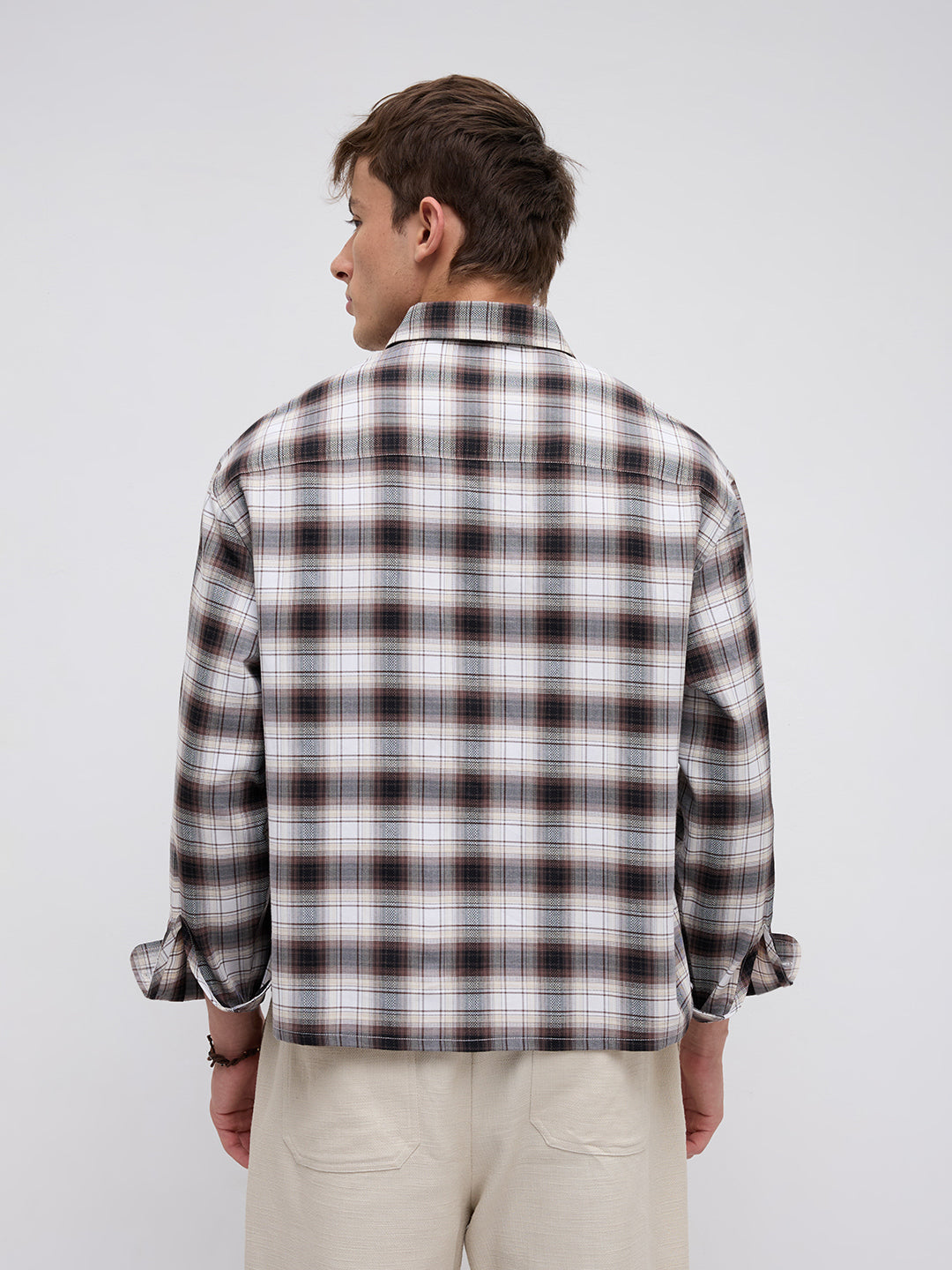 Brown & Ivory Crosshatch Checks Boxy Fit Crop Shirt