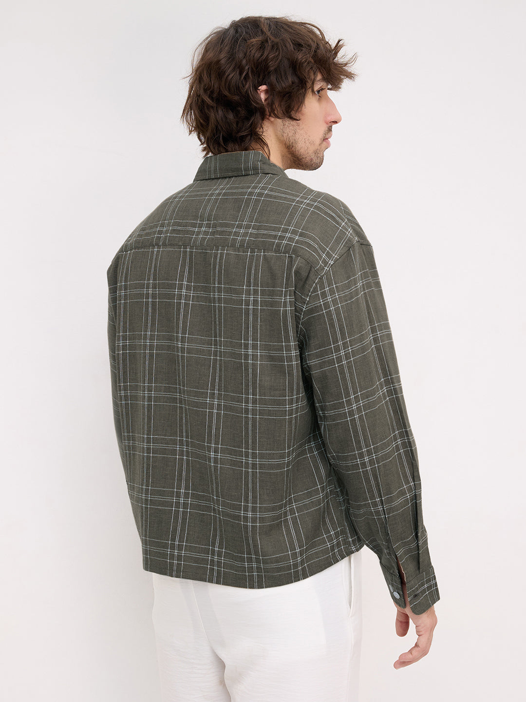 Earthy Olive Contrast Windowpane Checks Boxy Fit Crop Shirt