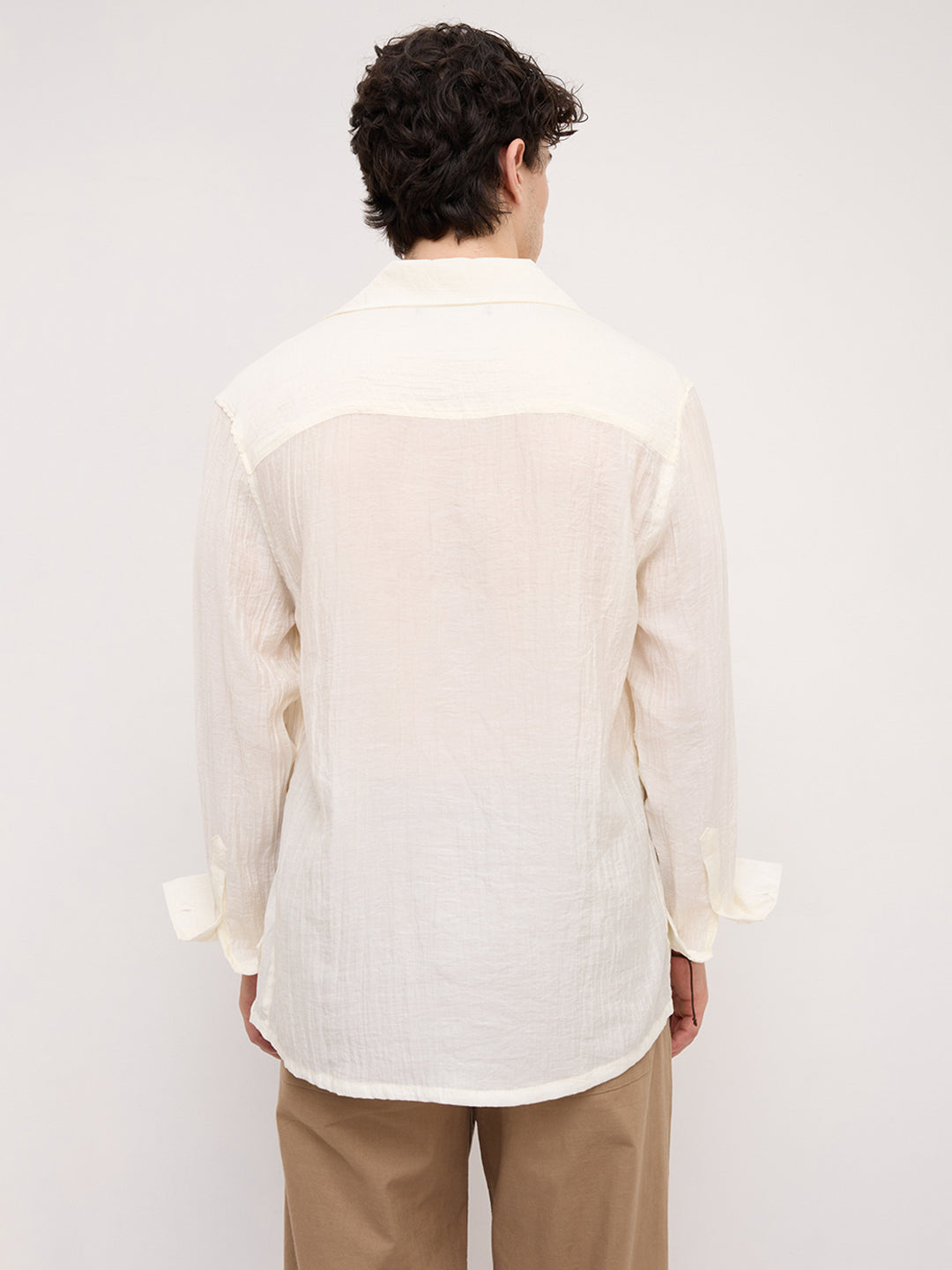 Off- White Pearl Crinkled Resort Collar Oversized Shirt