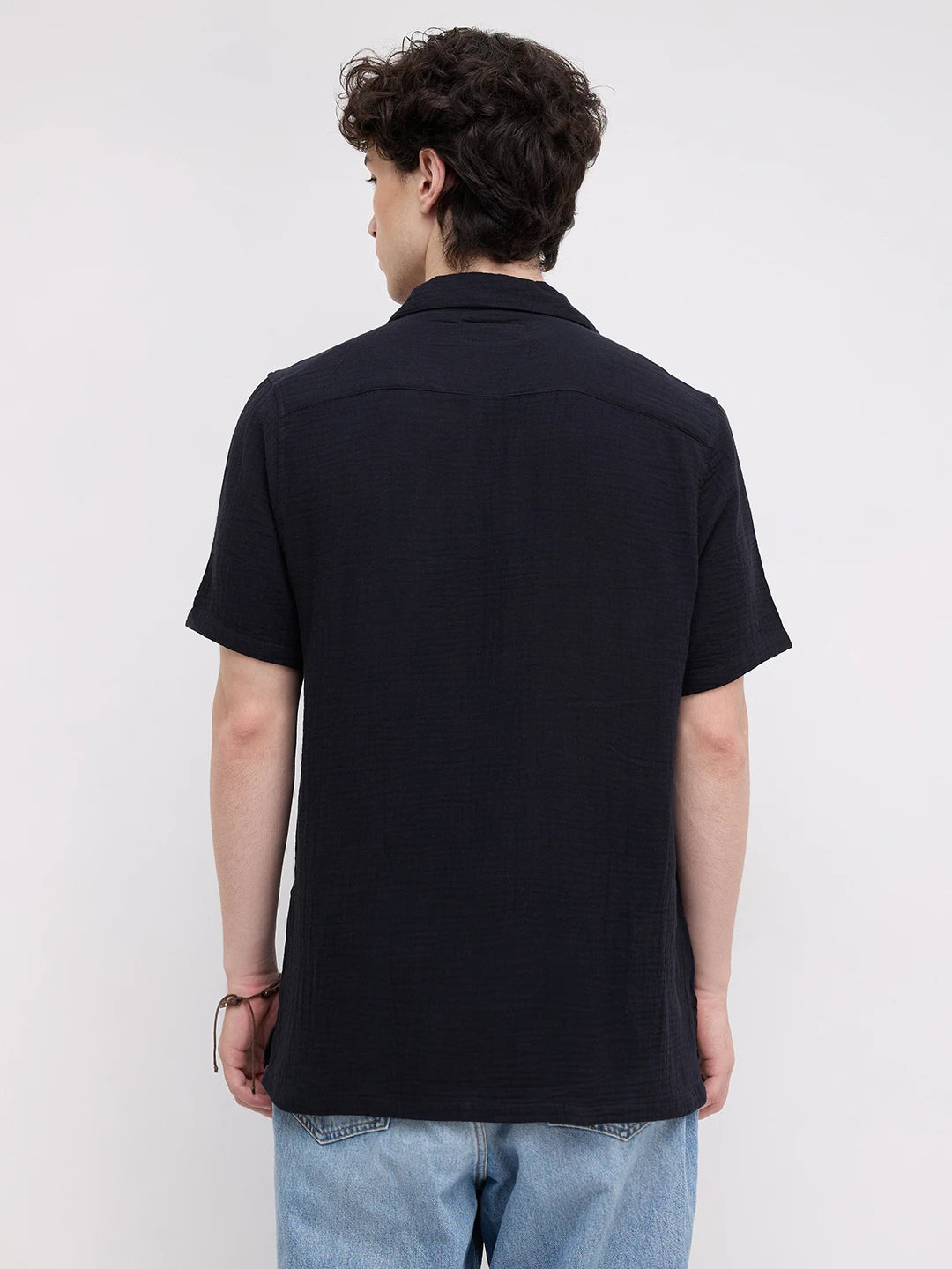 Black Double Cloth Notch Collar Oversized Shirt