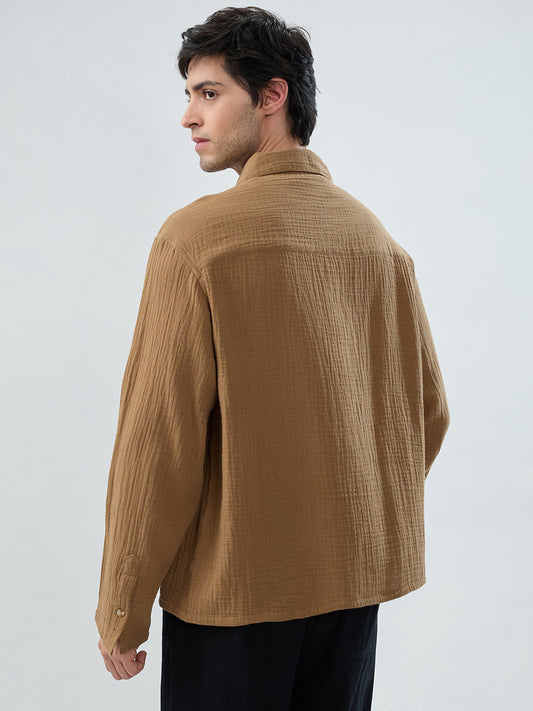 Warm Tan Textured Cuffless Double Cloth Oversized Shirt