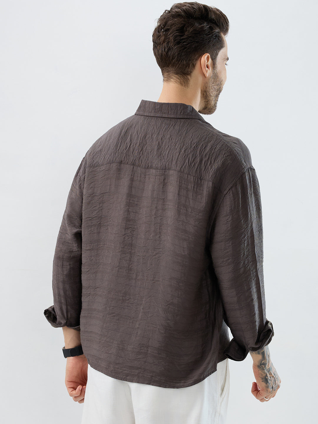 Rustic Brown Horizontal Textured Boxy Fit Crop Shirt