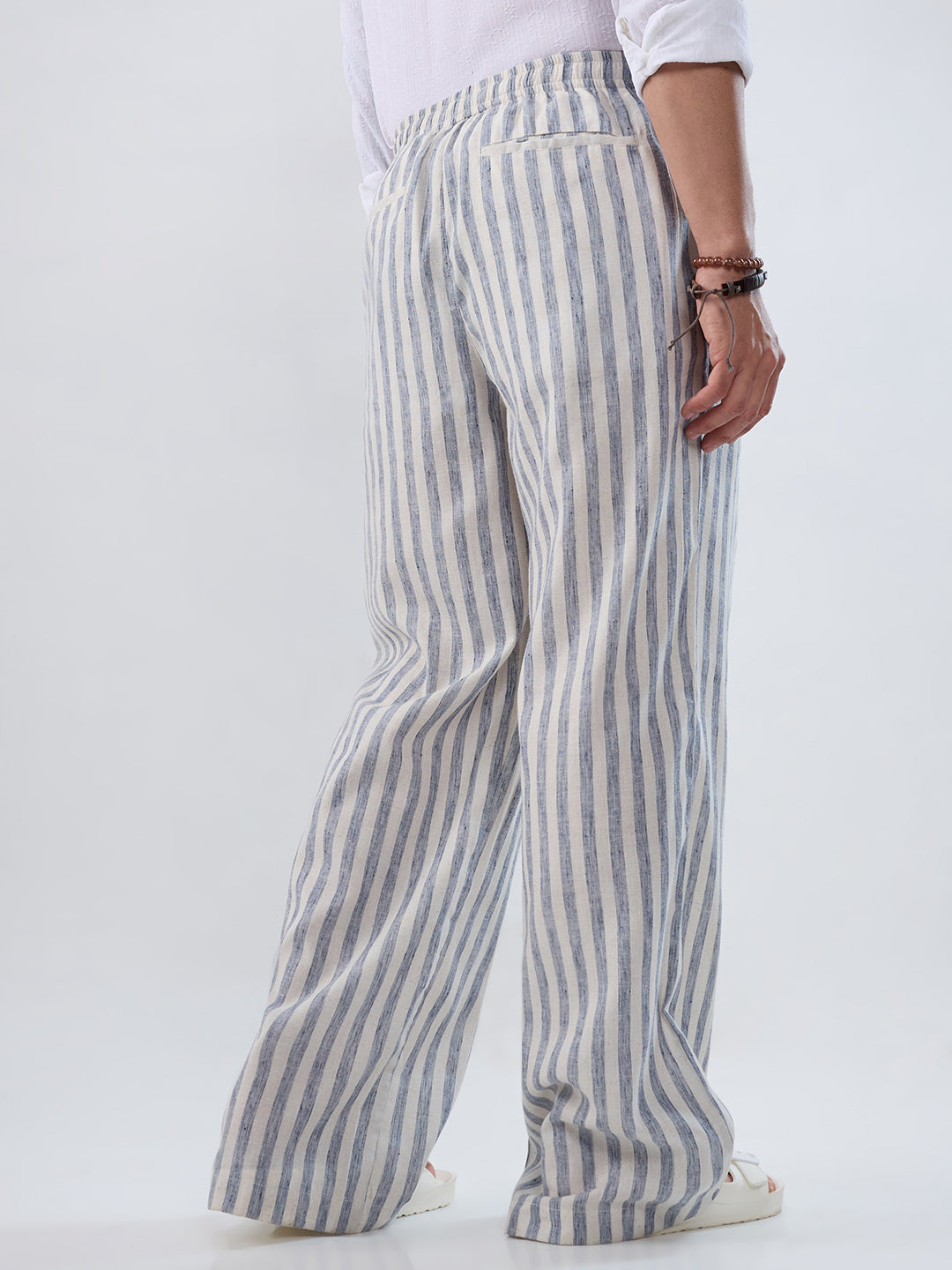 White & Navy Linen Blend Wide-Leg Trousers