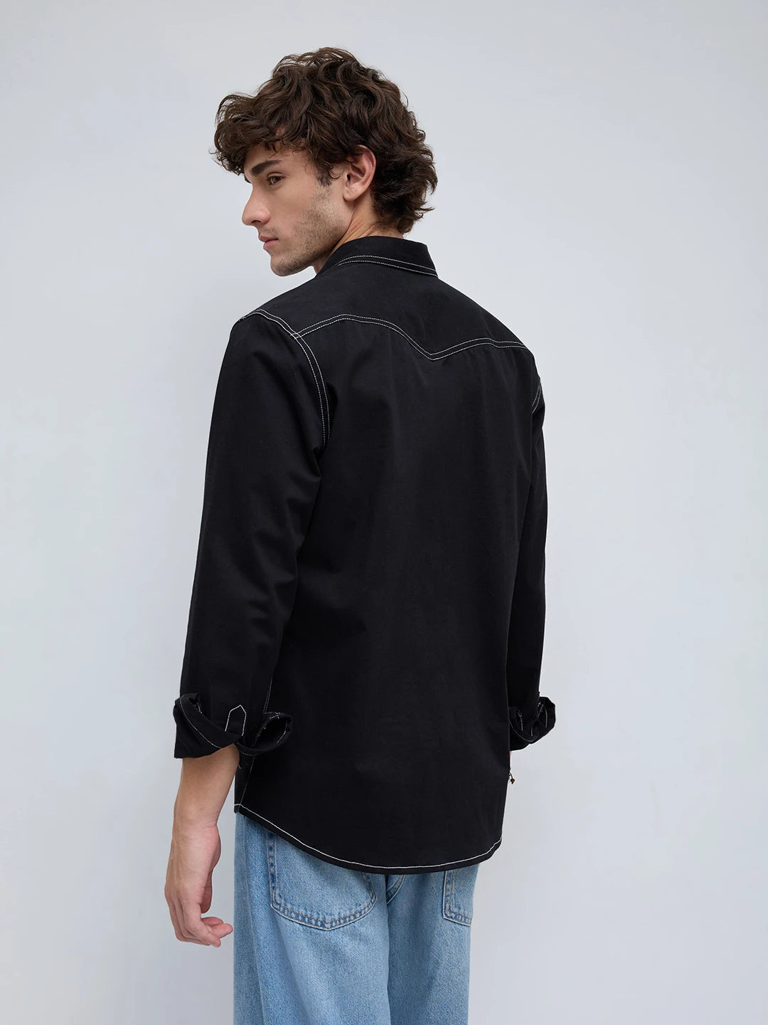 Black Contrast Stitch Twin Pocket Shirt