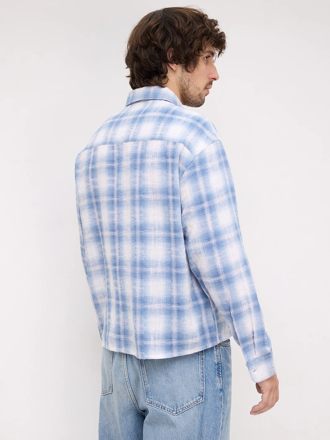 Blue Shadow Checks Handloom Effect Boxy Fit Crop Shirt