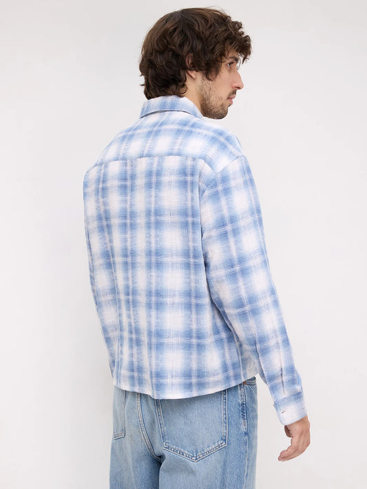 Blue Shadow Checks Handloom Effect Boxy Fit Crop Shirt
