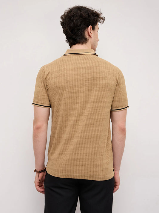 Golden Brown Stripe Embossed Polo Flat Knit T-Shirt