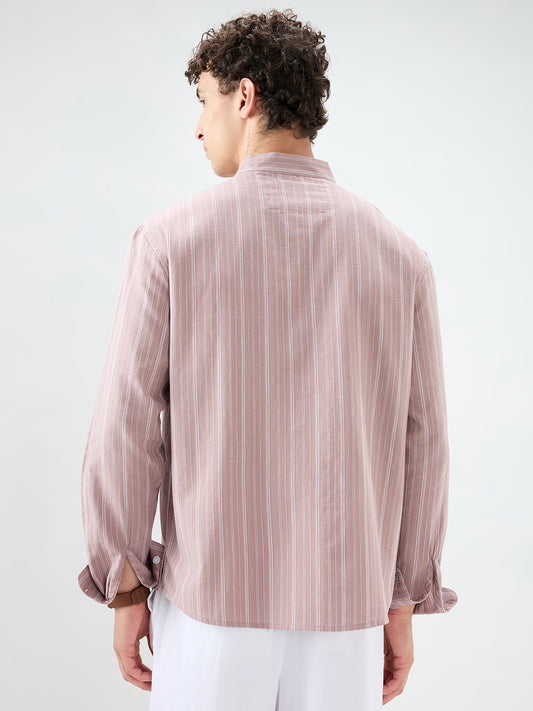 Deep Pastel Peach Striped Linen Blend Stand Collar Oversized Shirt