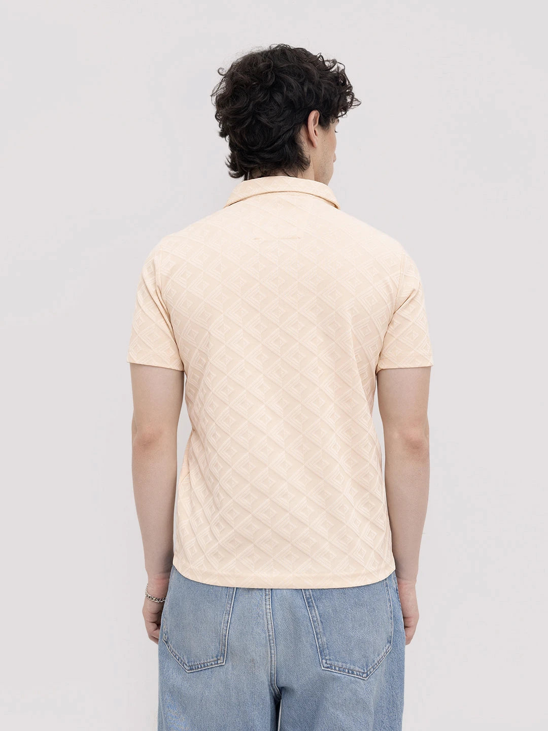 Cream Diamond Embossed Zip Polo Tee