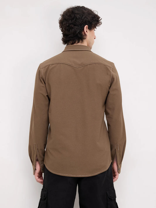 Walnut Brown Twin Pocket Knitted Overshirt
