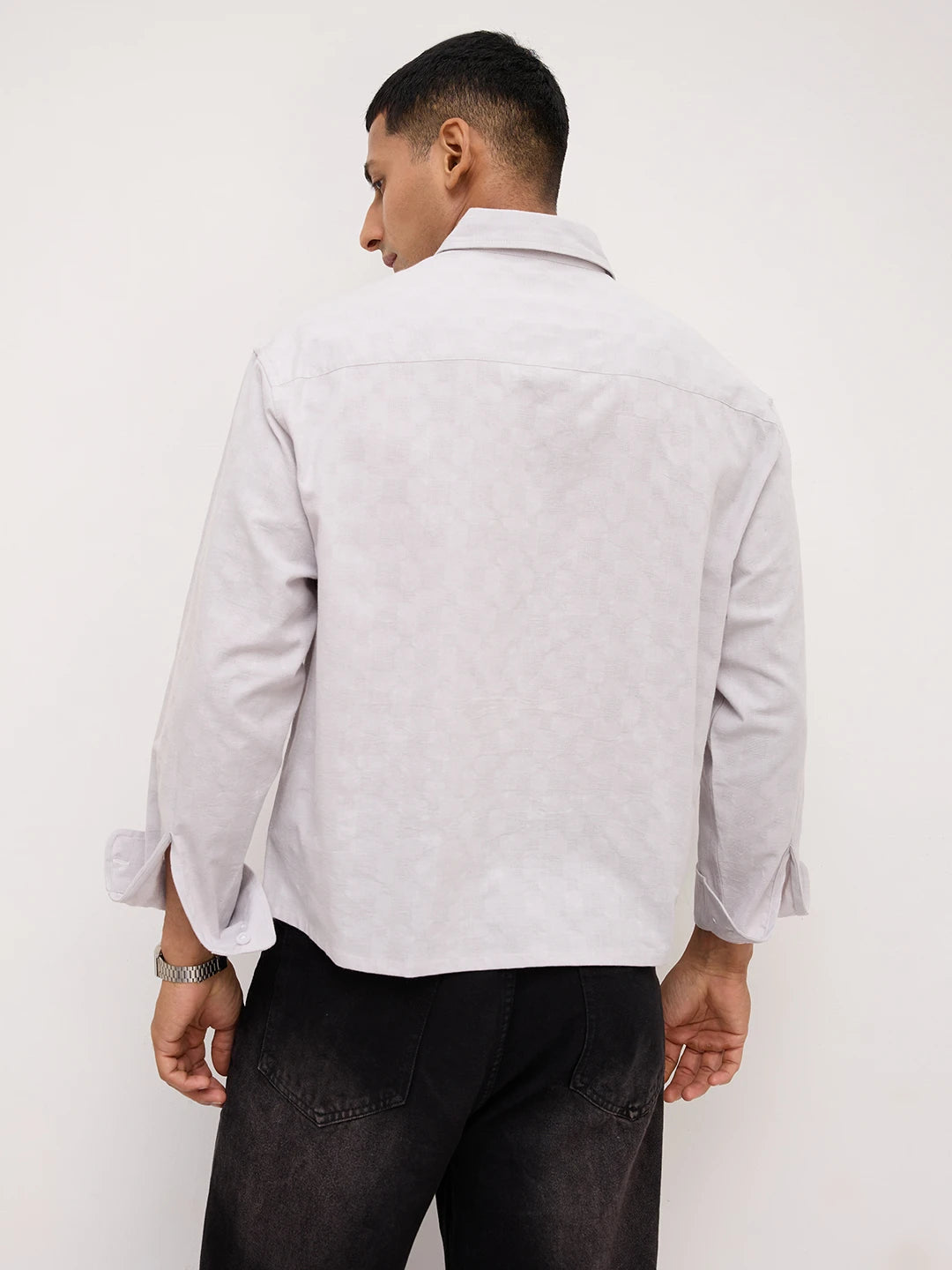 Luxe Grey Square Embossed Boxy Fit Crop Shirt