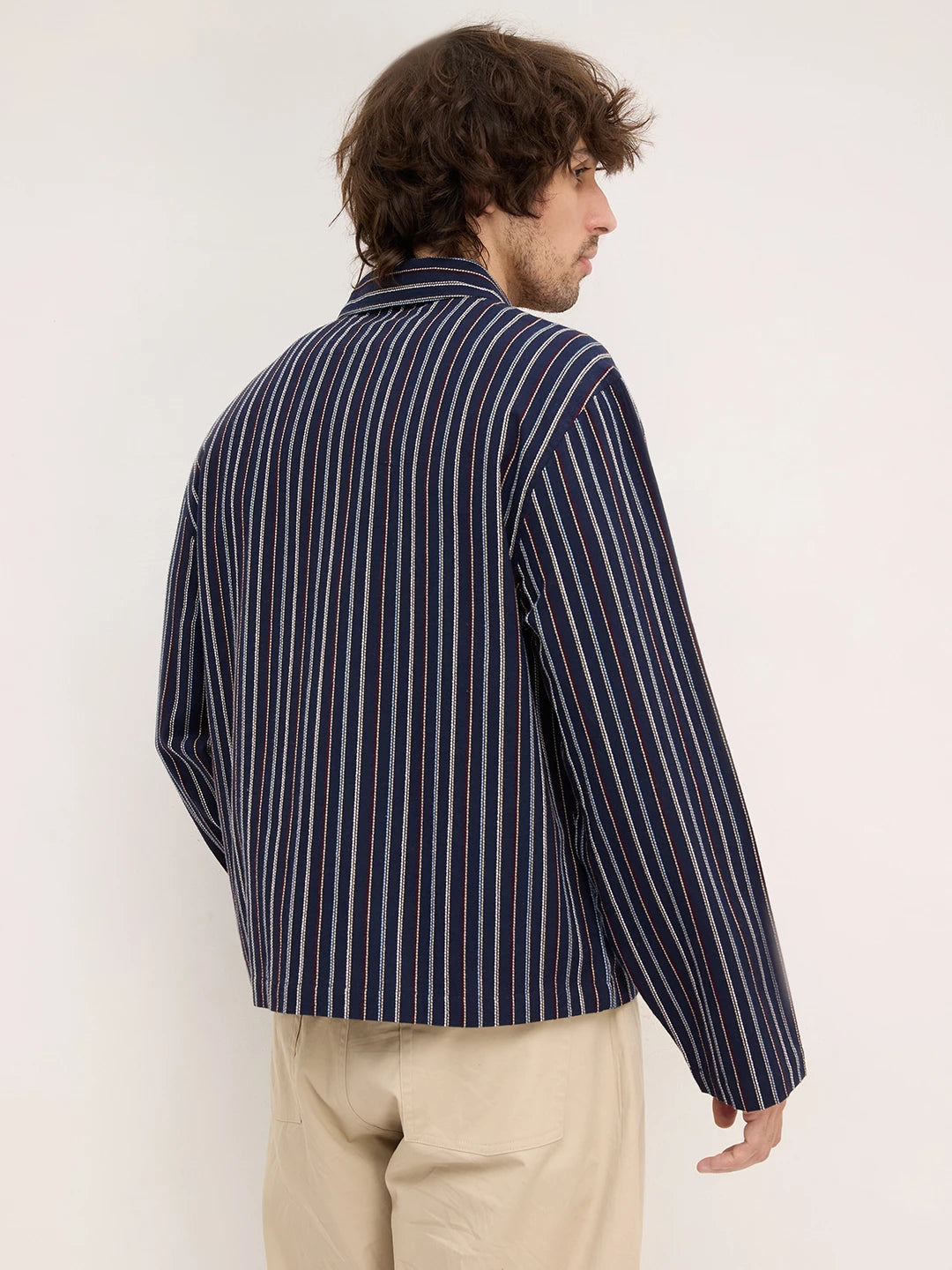 Navy Dual Embroidered Striped Cuffless Oversized Shirt