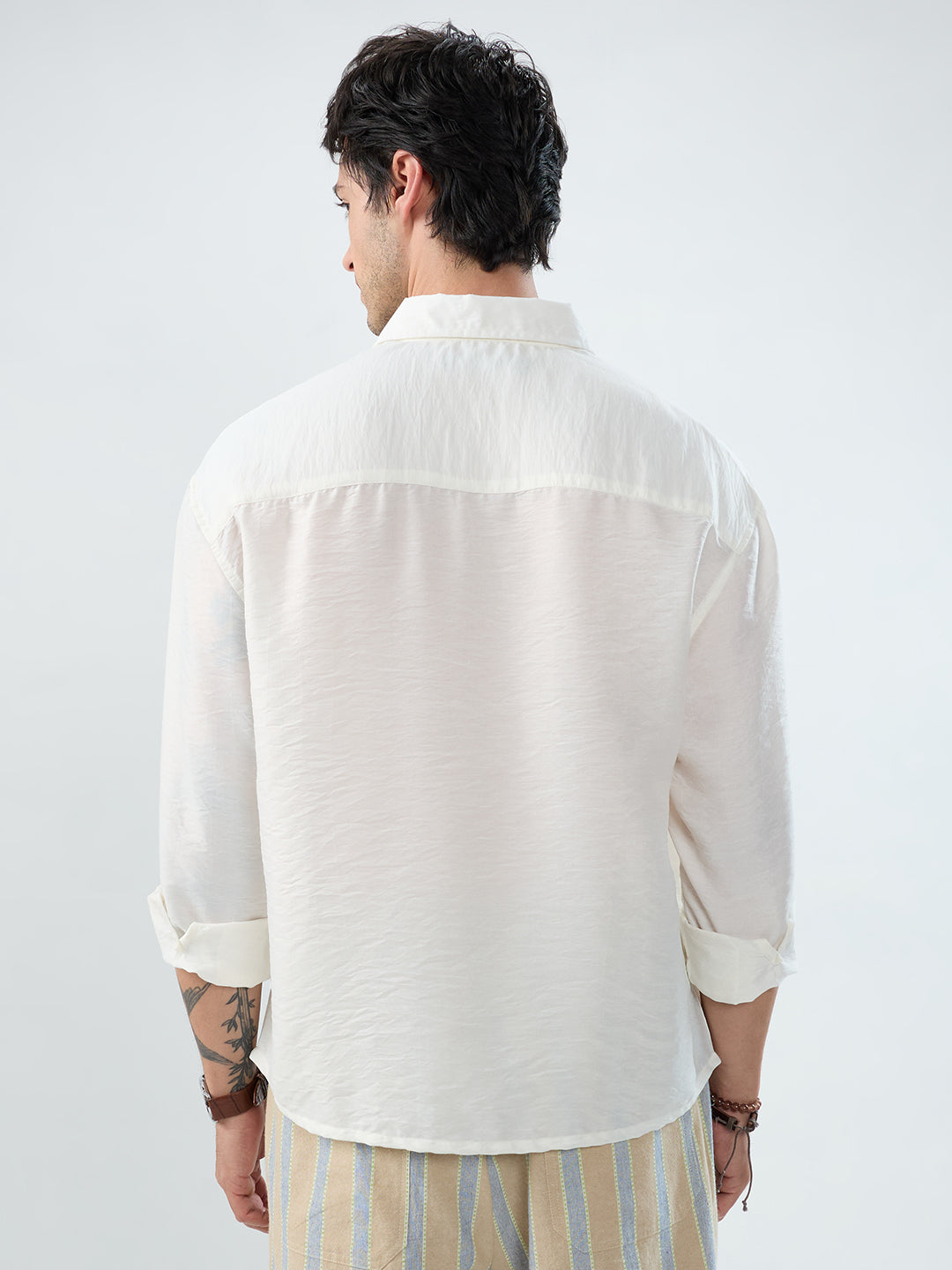 Solid White Crinkled Boxy Fit Crop Shirt