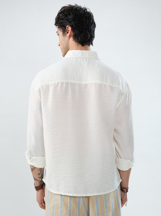 Solid White Crinkled Boxy Fit Crop Shirt