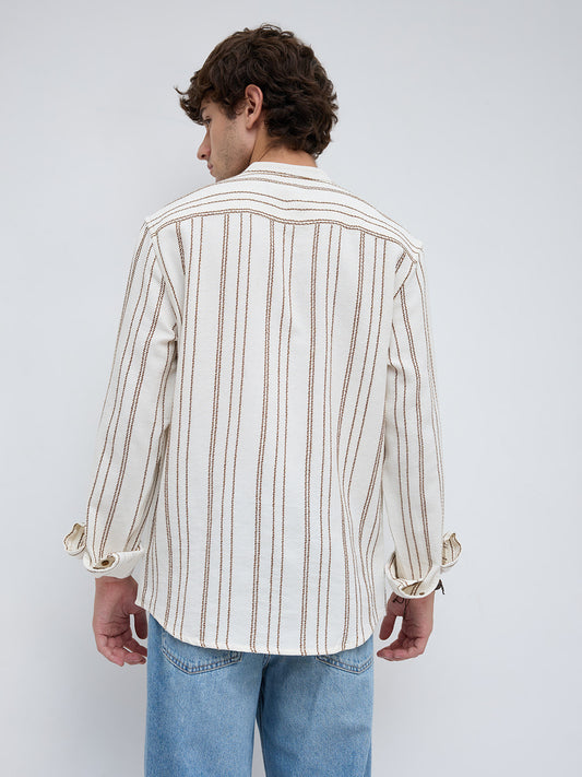 Off White & Brown Embroidered Striped Mandarin Shirt